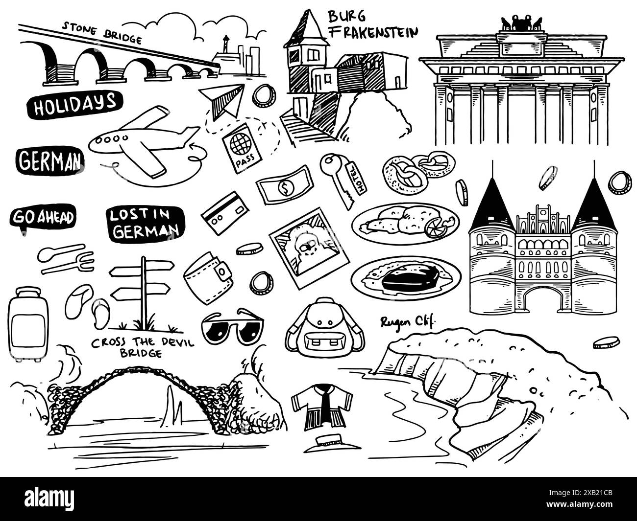 Set disegnato a mano di viaggi per la Germania Set di viaggi per il turismo di doodle e le icone dell'avventura estiva in stile bianco nero, isolate su sfondo bianco Illustrazione Vettoriale