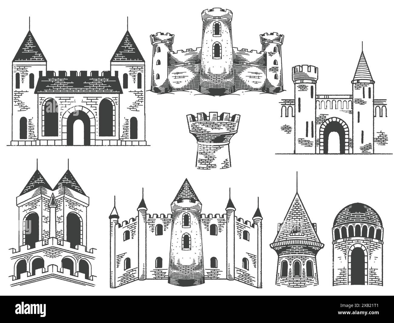 Castelli medievali disegnati a mano che disegnano un antico edificio adagiato in stile bianco nero inciso isolato su sfondo bianco. Illustrazione Vettoriale