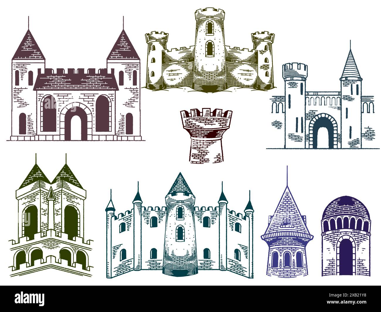 Castelli medievali disegnati a mano che disegnano un antico edificio adagiato in stile colorato inciso isolato su sfondo bianco. Illustrazione Vettoriale