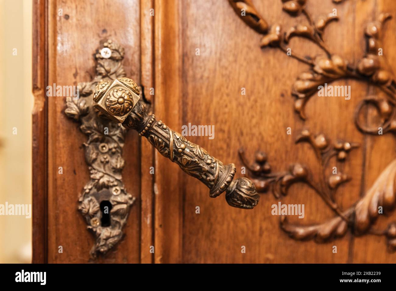 Maniglia in metallo ed elementi decorativi di design intagliato di porte in legno vintage, foto ravvicinata, vista frontale Foto Stock