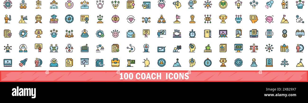 set di 100 icone del coach. Set di linee di colore con icone vettoriali a forma di pullman, linee sottili di colore piatto su bianco Illustrazione Vettoriale