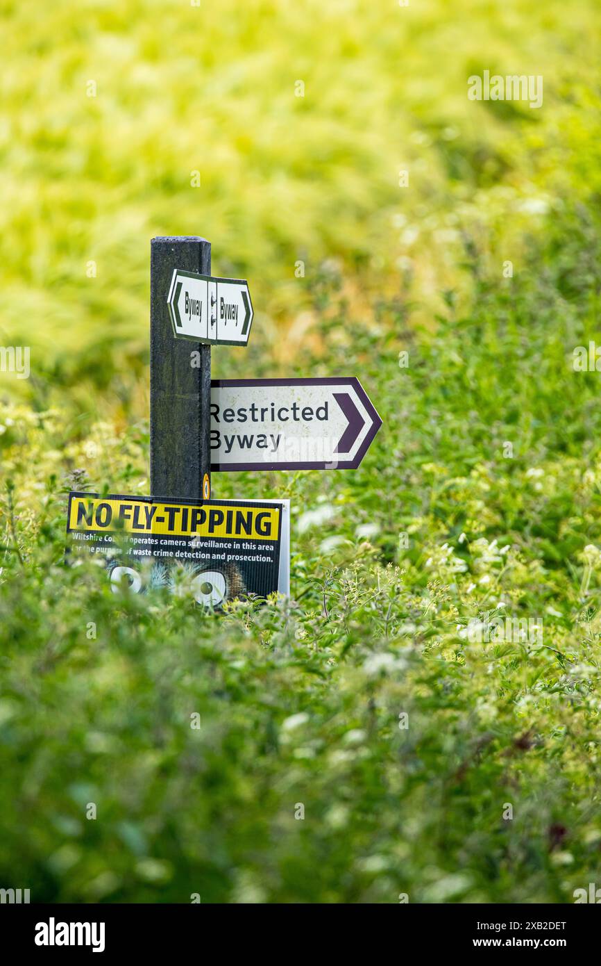 Indicazioni per la strada statale direzionale, la strada statale limitata e il divieto di volo su un palo nella campagna del Wiltshire Foto Stock