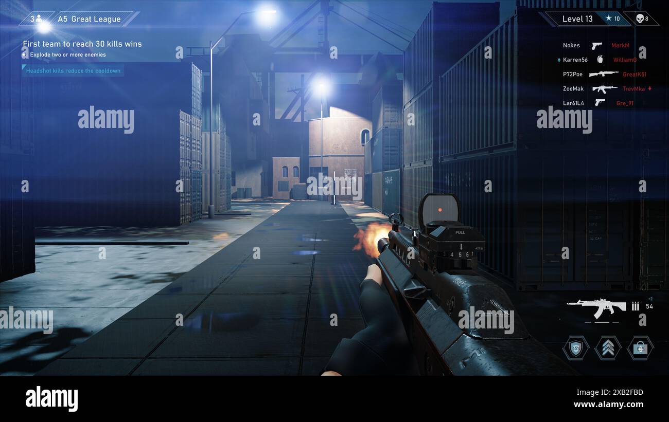 Night Video Game Mock-up Concept: Gioco di sparatutto 3D multigiocatore. FPS divertenti per i giocatori professionisti. POV persona che gioca, sparare nemici, segnare uccisioni, gioco vincente. Torneo online Cyber Championship Foto Stock