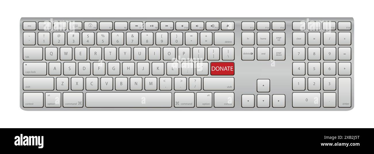 Tastiera per computer - donare. Illustrazione del pulsante Dona. Dona la parola chiave sulla tastiera del computer. Illustrazione Vettoriale