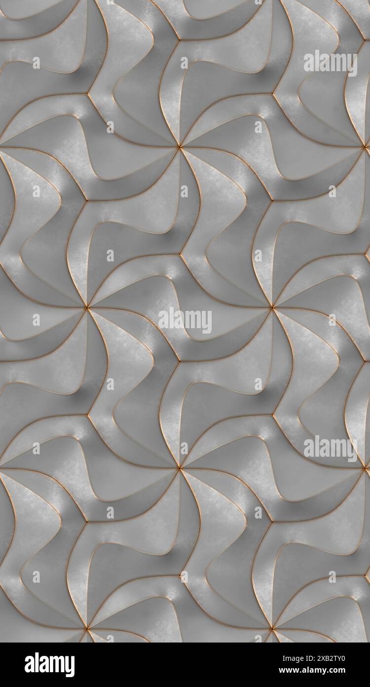 Le onde marine colorano le moderne piastrelle geometriche con bordi dorati. Texture realistica e senza cuciture di alta qualità Foto Stock