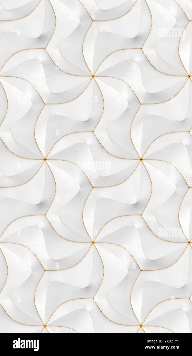 Le onde marine colorano le moderne piastrelle geometriche con bordi dorati. Texture realistica e senza cuciture di alta qualità Foto Stock