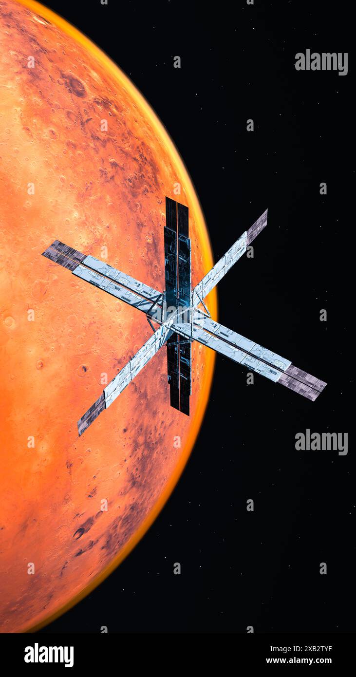 Un'illustrazione digitale ad alta risoluzione di un satellite geospaziale con una configurazione a tre assi che orbita attorno alla superficie marziana Foto Stock