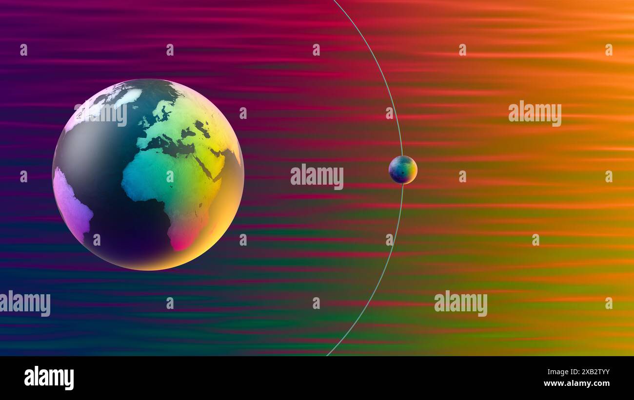 Una rappresentazione vibrante e surreale della Terra con la sua Luna che mostra il concetto di GeoModule su uno sfondo gradiente, mettendo in risalto la bellezza e la comunicazione Foto Stock