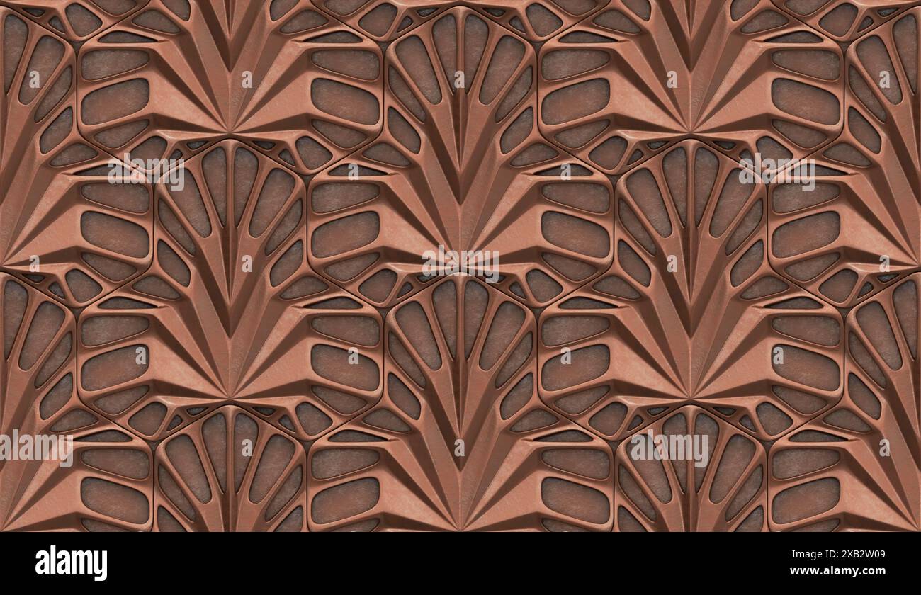 Un pattern geometrico simmetrico complesso e visivamente accattivante in sfumature di marrone con effetto 3D, adatto per sfondi o sfondi Foto Stock