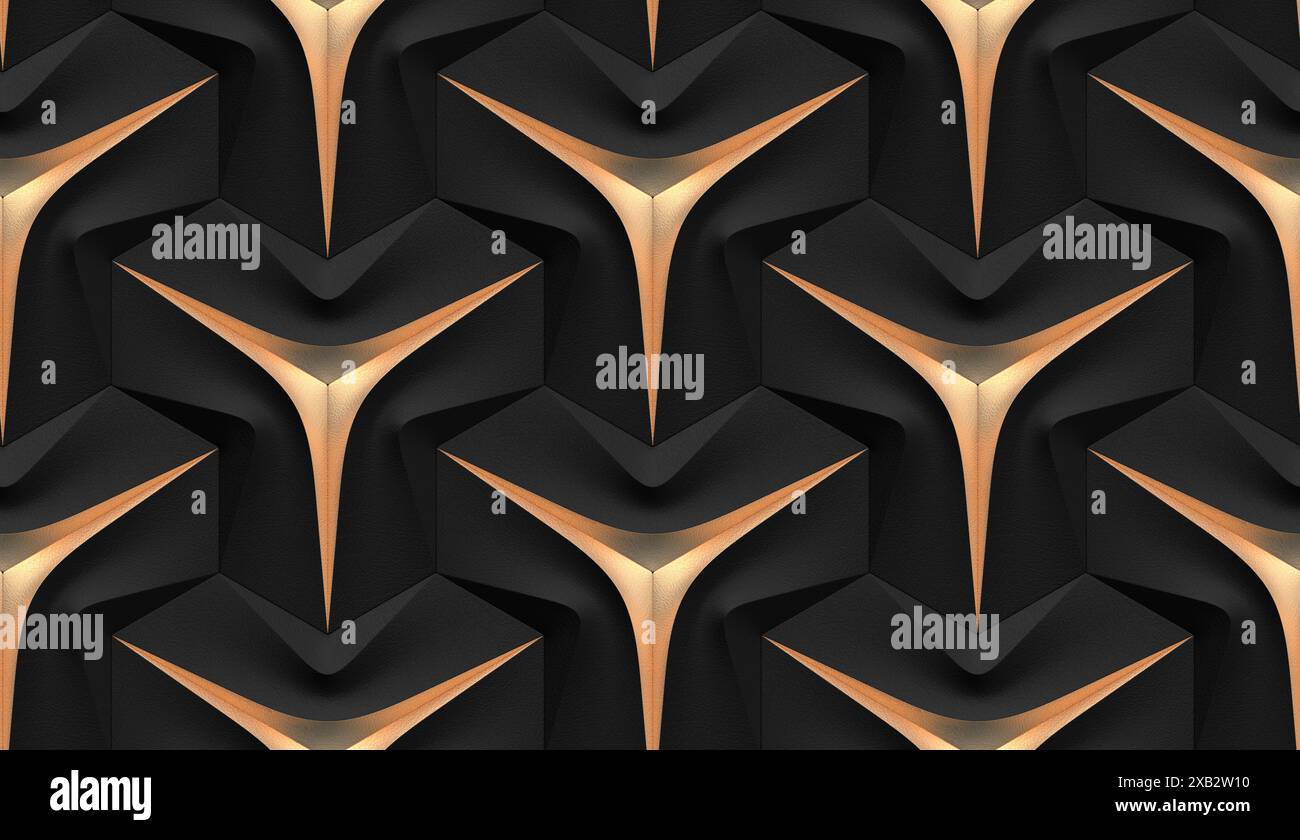 Futuristici pannelli in pelle bianca e grigia 3d con rigature dorate sui bordi di una stella a tre punte alla base della forma textu senza cuciture di alta qualità Foto Stock