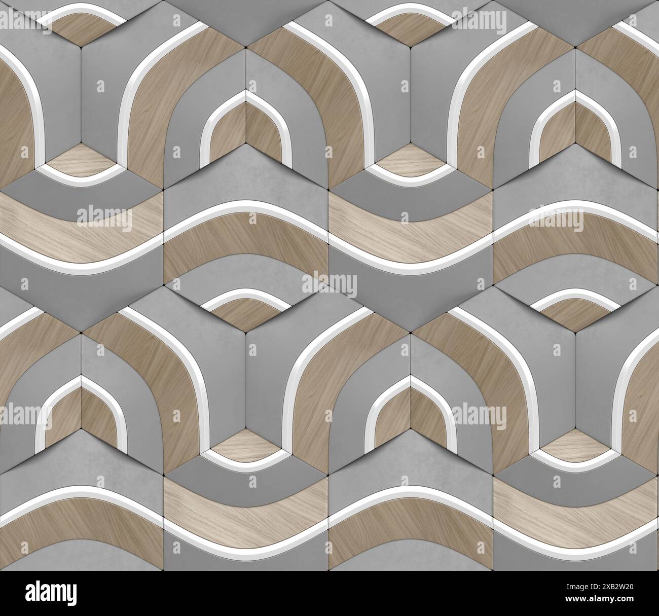 Motivo 3D geometrico senza cuciture in grigio con elementi bianchi e in legno illustrazione 3d serie Centric Foto Stock