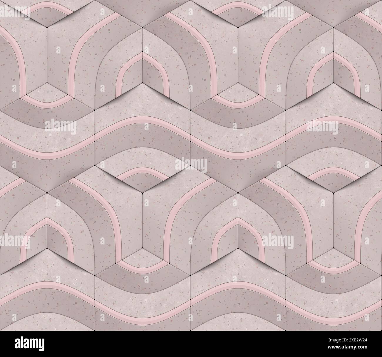Motivo 3D geometrico senza cuciture in terrazzo rosa con elementi rosa illustrazione 3d serie Centric Foto Stock