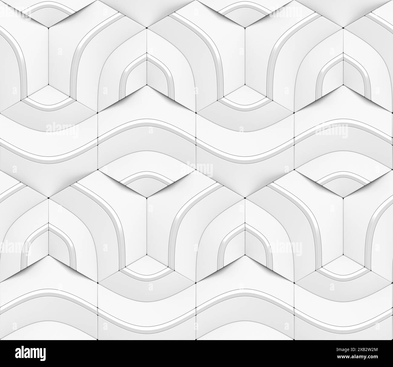 Questa immagine mostra un motivo geometrico senza cuciture che raffigura cubi 3D bianchi interconnessi con eleganti linee curve, creando un'affascinante e astratta V Foto Stock