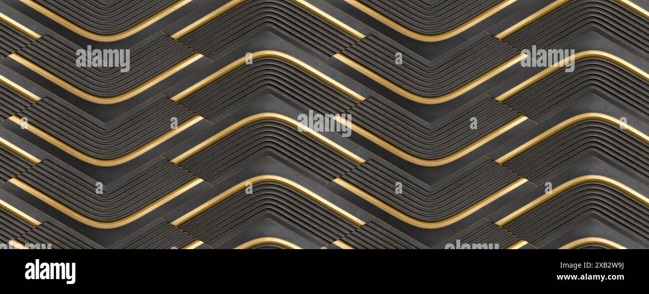 Design senza cuciture con strisce ondulate nere e dorate che creano un effetto 3D di grande impatto visivo Foto Stock