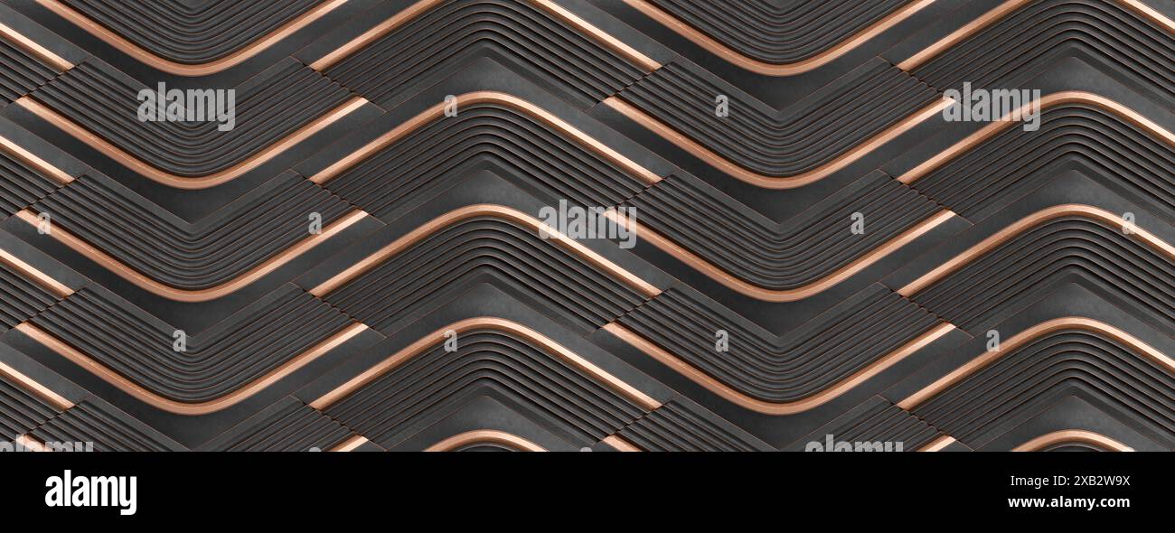 Un'opera d'arte digitale visivamente accattivante che mostra ripetitivi strati neri curvi accentuati da strisce di rame in un motivo geometrico 3D senza cuciture Foto Stock