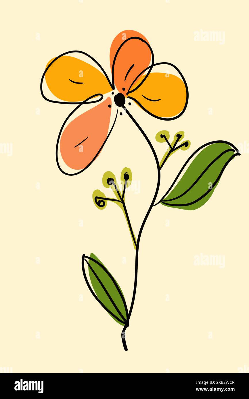 Un'illustrazione astratta e disegnata di un fiore con petali dai toni caldi e foglie verdi su uno sfondo morbido. Foto Stock