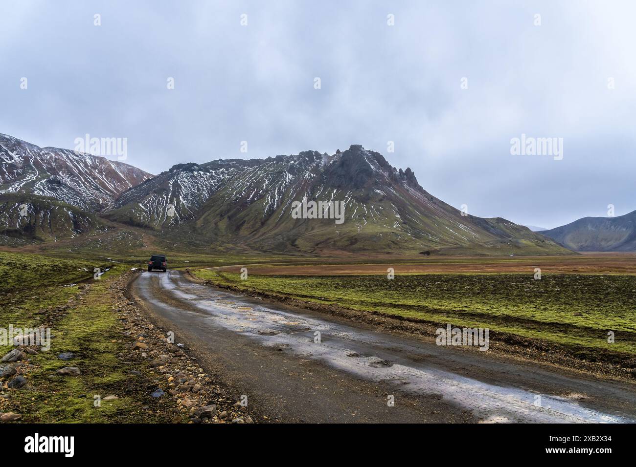 Un veicolo solitario attraversa una strada accidentata tra la vasta vegetazione e le montagne innevate delle Highlands islandesi, sotto un vasto cielo nuvoloso. Foto Stock