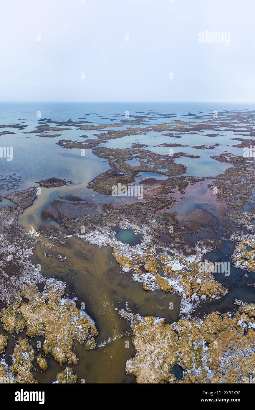 Ripresa aerea che cattura gli intricati schemi delle zone umide lungo la costa meridionale dell'Islanda, fondendosi con il mare aperto. Foto Stock