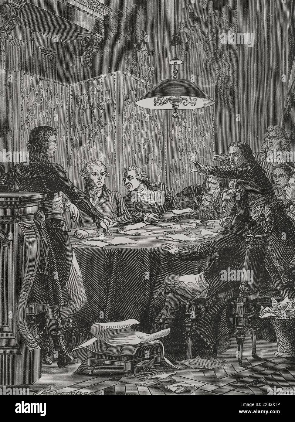 Rivoluzione francese. Comitato di pubblica sicurezza. Comitato della Convenzione Nazionale, creato dal governo provvisorio e dal gabinetto di guerra il 6 aprile 1793, durante il regime del terrore. La missione del comitato era proteggere la nuova repubblica dai suoi nemici stranieri e interni, combattendo contro la prima coalizione e la guerra in Vandea. Riunione del comitato di pubblica sicurezza. Disegno di Philippoteaux. Incisione. "Storia della Rivoluzione francese". Volume i, 1876. Foto Stock