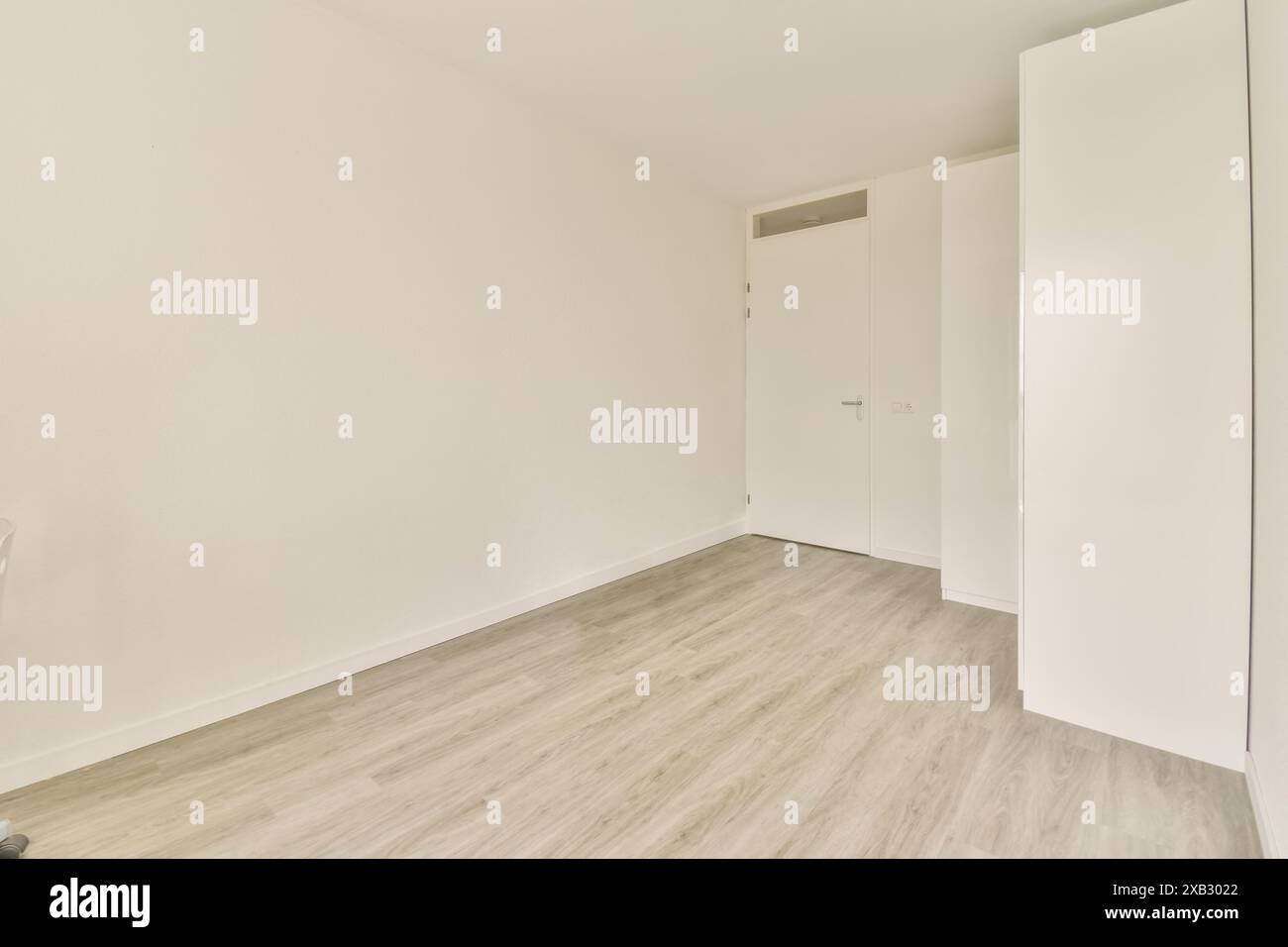 Una camera vuota caratterizzata da un design minimalista con pavimento in legno chiaro, pareti bianche e porte bianche contemporanee. Foto Stock