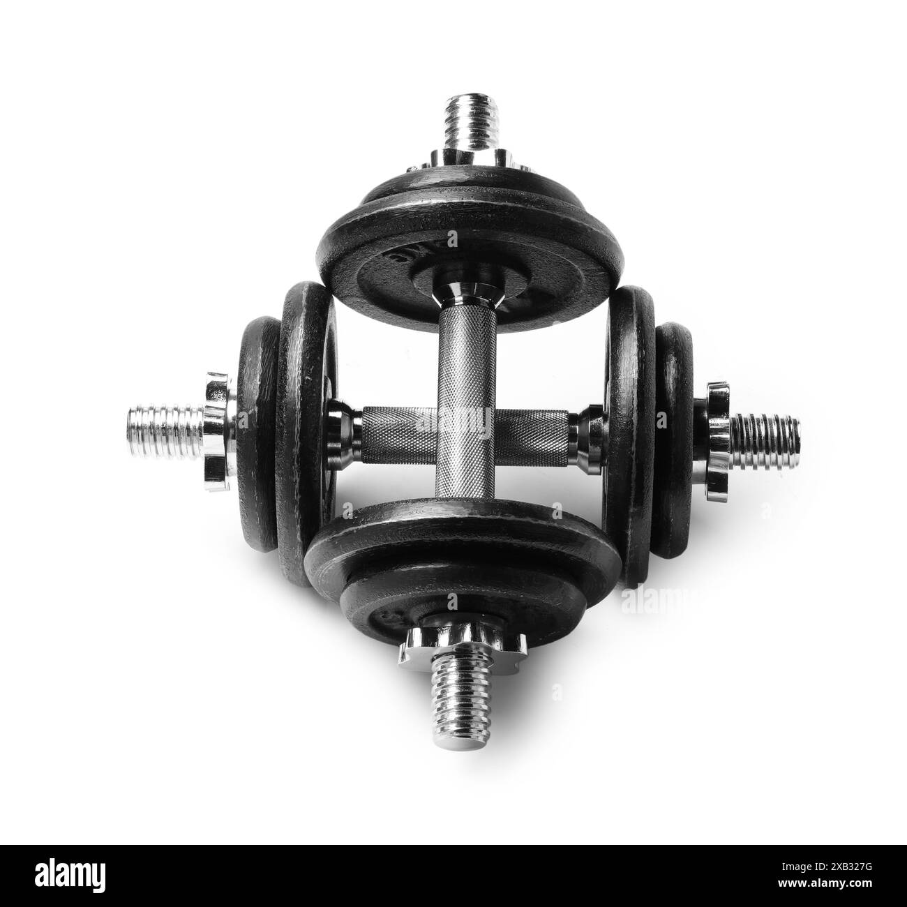 Manubri in metallo isolati su bianco. Attrezzature sportive Foto Stock