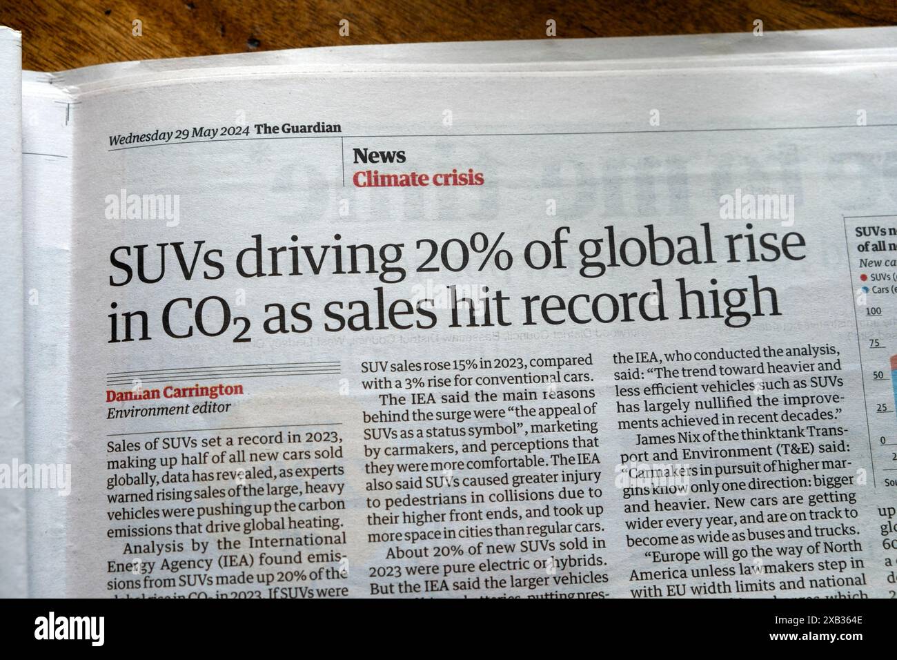 "I SUV hanno determinato il 20% dell'aumento globale delle emissioni di CO2 in seguito al raggiungimento di un livello record di vendite" testata del quotidiano The Guardian, IEA Climate Crisis articolo 29 maggio 2024 Londra Inghilterra Regno Unito Foto Stock