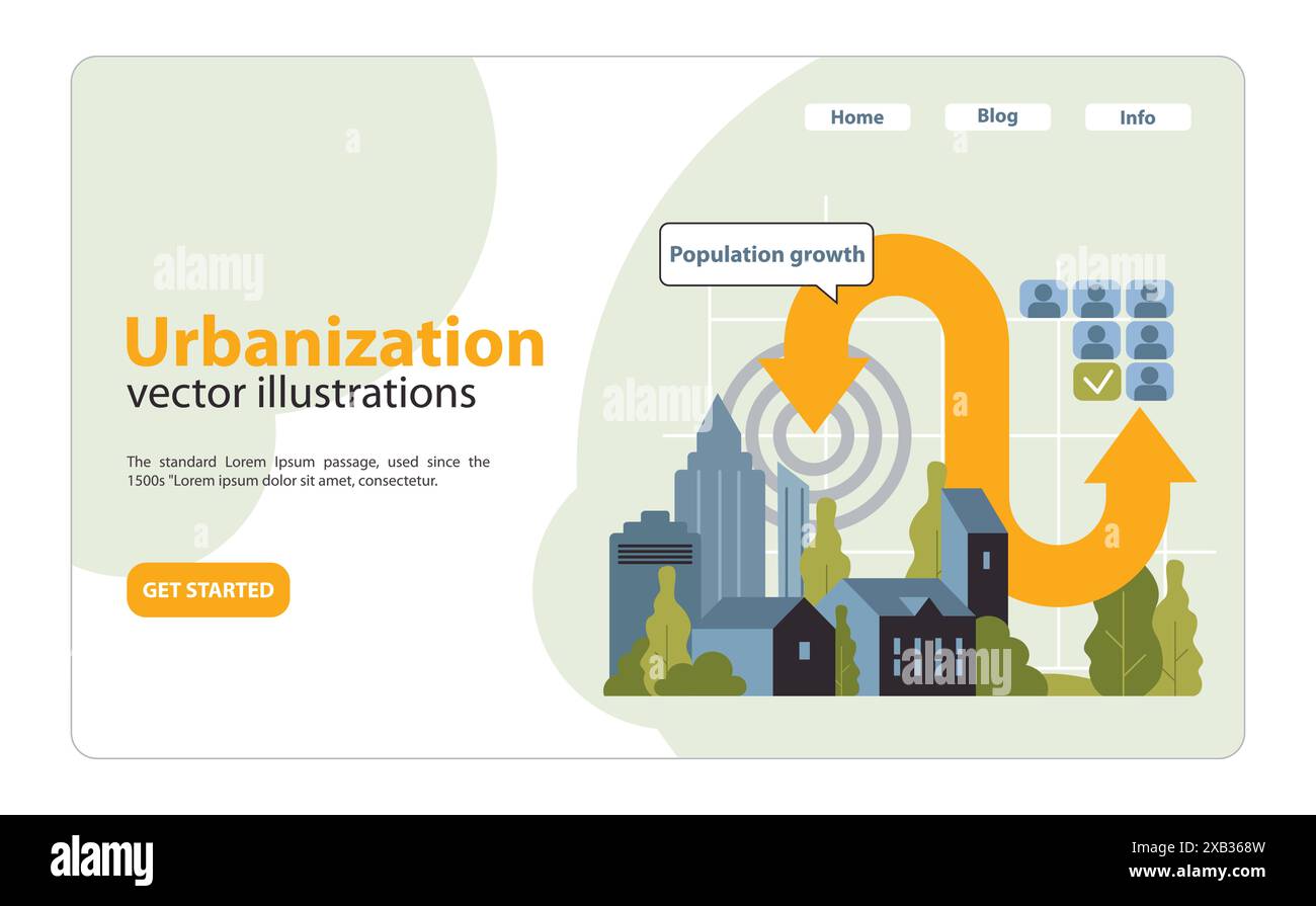 Concetto di urbanizzazione. Crescita dinamica delle strutture cittadine, guidata dall'aumento della popolazione, visualizzata con frecce e caselle di controllo. Città in espansione, sviluppo moderno. Illustrazione vettoriale piatta Illustrazione Vettoriale