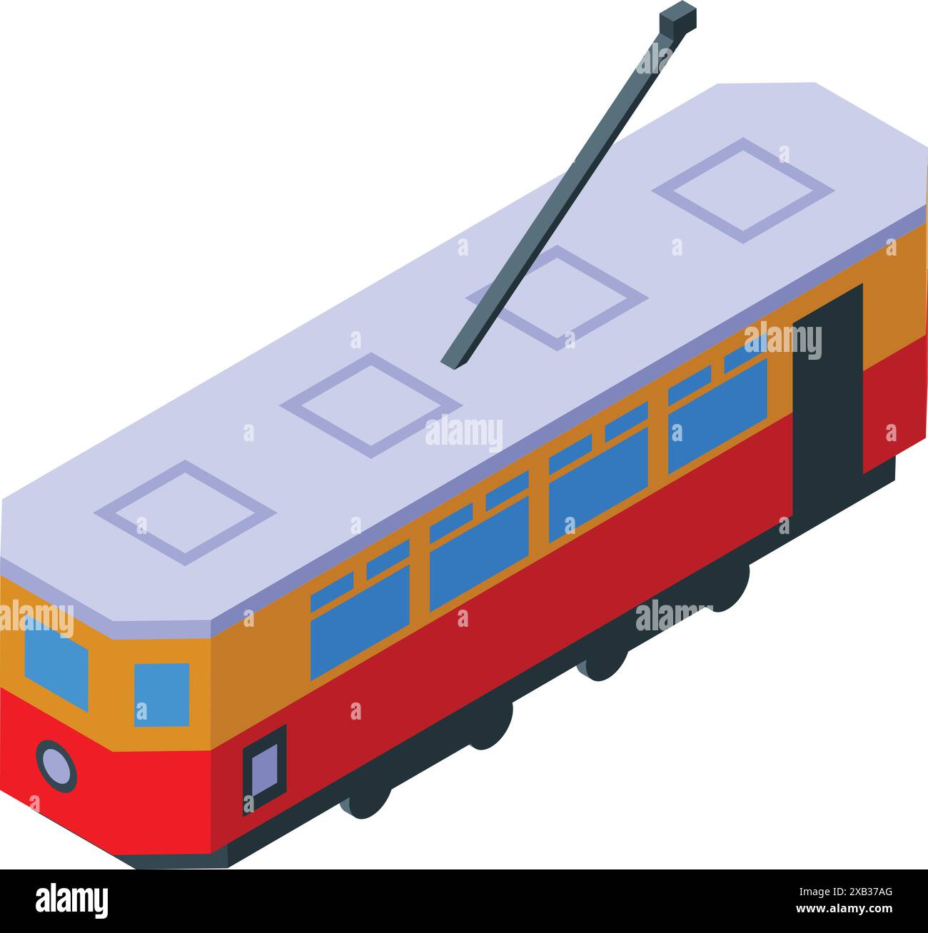 Illustrazione di un tram rosso e giallo che attraversa il centro della città, in vista isometrica Illustrazione Vettoriale