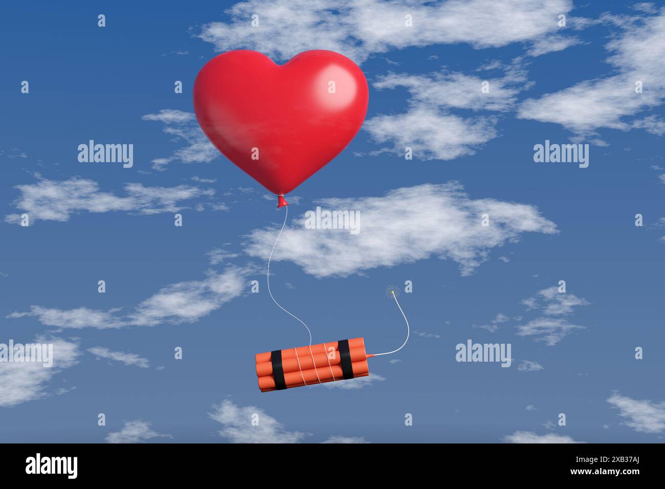 Mazzo di bastoncini di dinamite arancioni appesi su un palloncino rosso a forma di cuore nel cielo blu. Concetto di truffe romantiche, frode e rottura delle relazioni Foto Stock