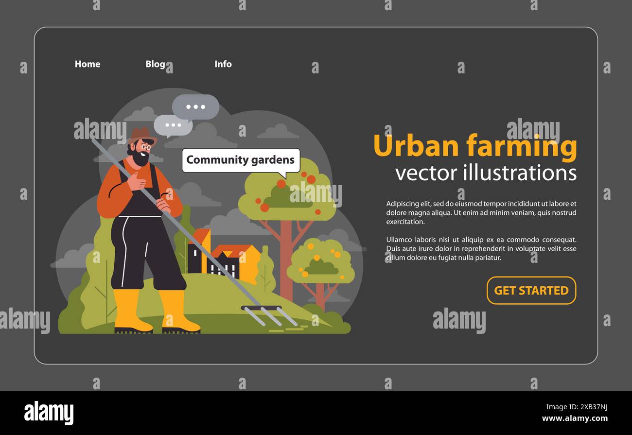 Il giardiniere impegnato promuove i giardini della comunità. In mezzo a alberi verdi vicino agli edifici della città, incoraggia gli spazi verdi urbani. Iniziativa agricola collettiva. Illustrazione vettoriale piatta Illustrazione Vettoriale