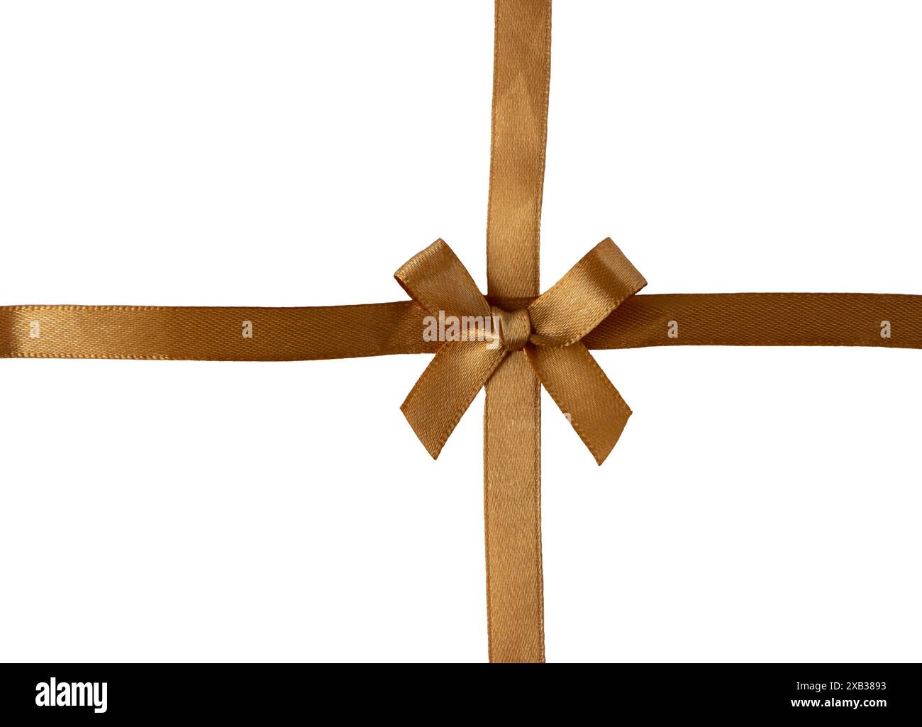 Arco a nastro. Arco d'oro isolato sul bianco. Nodo legato con nastro in tessuto satinato giallo. Foto Stock