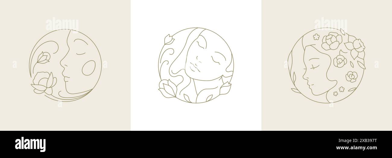 Bel viso da donna con disegno floreale naturale con cornice circolare monocromatica e illustrazione vettoriale. L'elegante ritratto femminile puzza di lucentezza organica Illustrazione Vettoriale