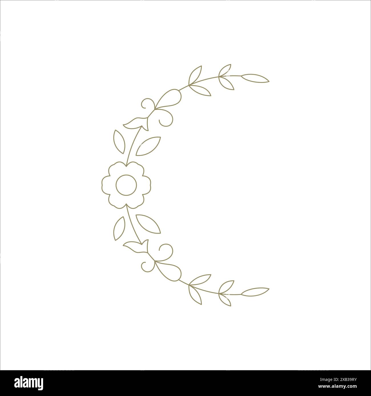 Corona floreale ramoscello curvo elemento decorativo in linea monocromatico per grafica vettoriale con logo. Elegante disegno a mano con contorno di cappellini in fiore botanico Illustrazione Vettoriale