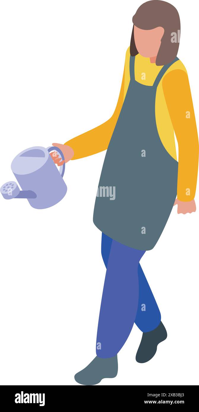 Una donna giardiniera che indossa il grembiule che cammina e tiene in mano l'irrigazione può essere un'illustrazione isometrica Illustrazione Vettoriale