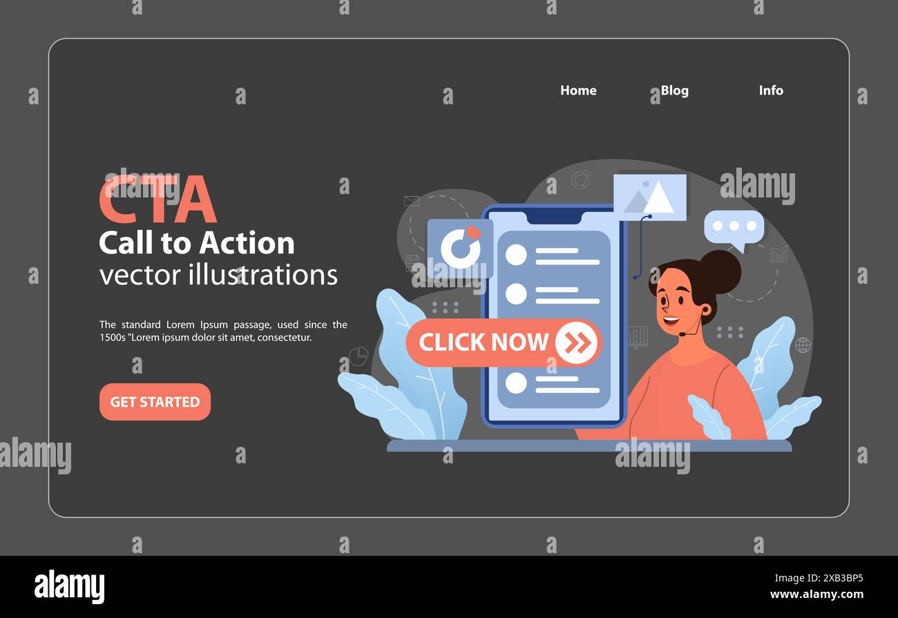 Concetto di invito all'azione CTA. Il marketer entusiasta sollecita l'azione con un pulsante "Click Now" in grassetto. Coinvolgere gli utenti, favorire le conversioni, rispondere immediatamente online, sollecitare la partecipazione. illustrazione vettoriale Illustrazione Vettoriale