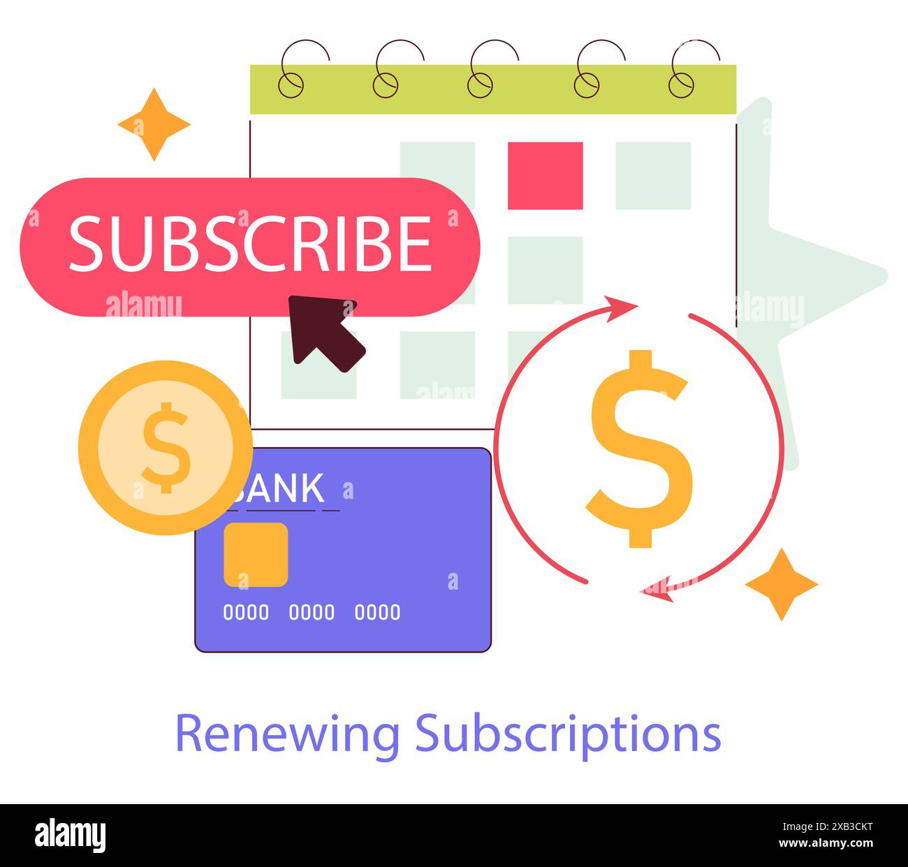 Concetto di rinnovo dell'abbonamento. Calendario con date evidenziate, carta di credito e ciclo di deflusso di denaro. Gestire i pagamenti periodici in modo efficace. Illustrazione vettoriale. Illustrazione Vettoriale