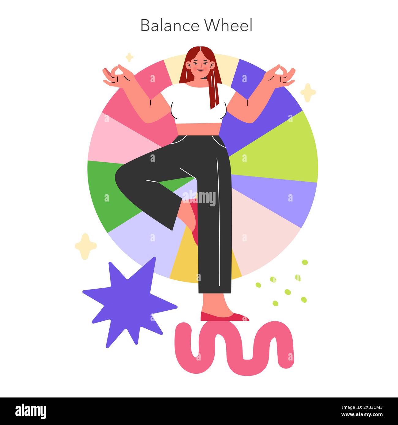 Concetto di ruota di bilanciamento. Donna che medita per migliorarsi da sola e per armonizzarsi con una colorata tabella di equilibrio della vita sullo sfondo. Benessere e crescita personale. Illustrazione vettoriale. Illustrazione Vettoriale