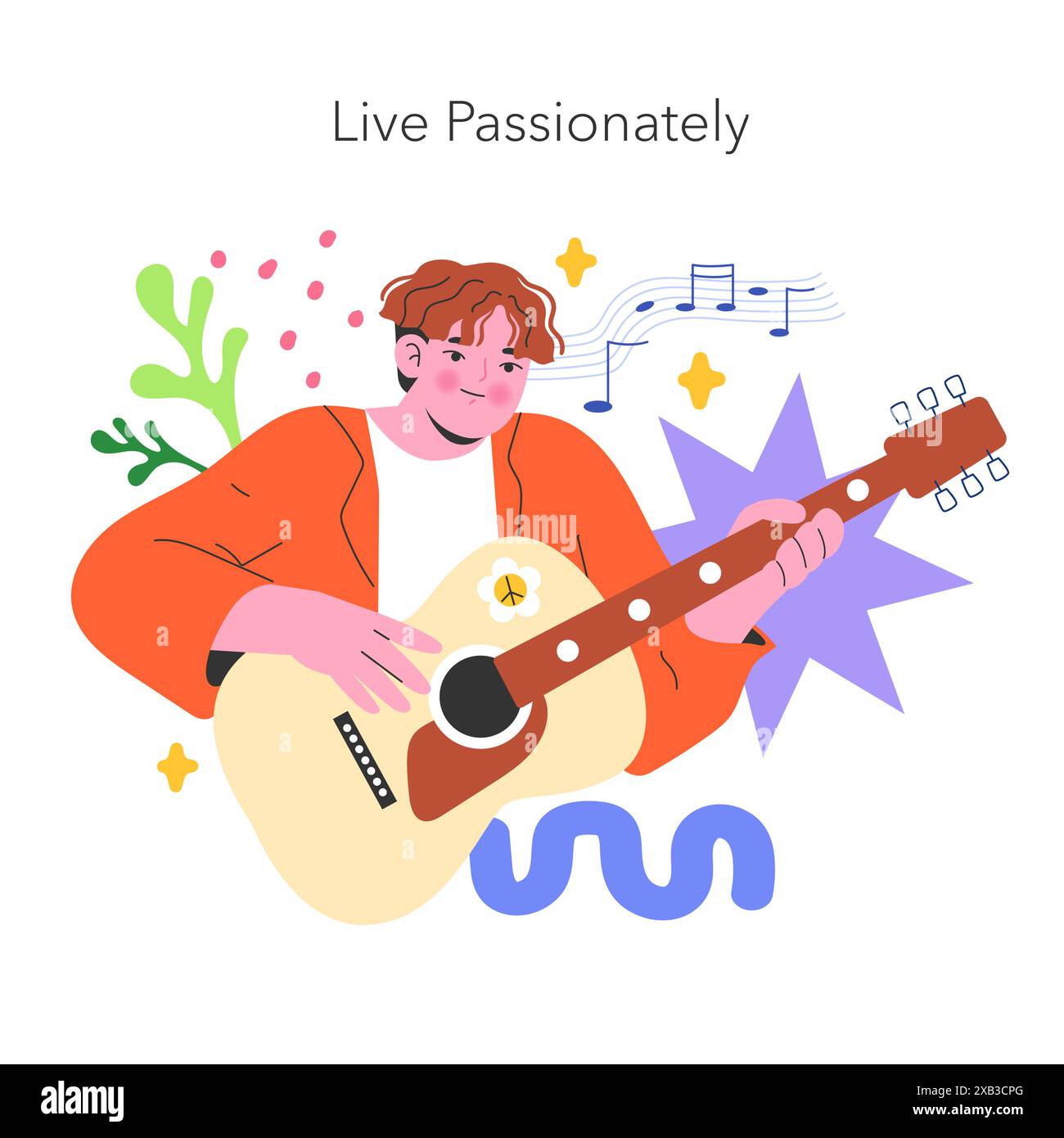 Illustrazione DI YOLO Concept. Una persona gioiosa suona la chitarra, abbracciando una sete per la vita, circondata da note musicali e forme astratte. Illustrazione vettoriale. Illustrazione Vettoriale