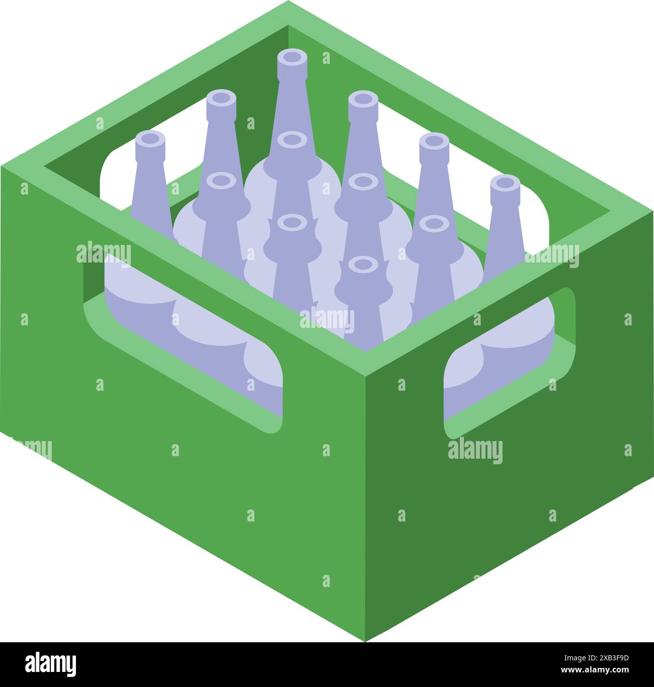 Cassa di plastica verde contenente bottiglie di acqua o birra in vetro da consegnare a supermercati o ristoranti Illustrazione Vettoriale