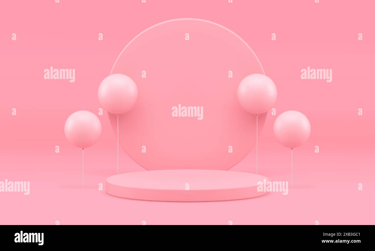 Podio per feste, cilindro di palloncino rosa, allestimento pubblicitario in 3d, illustrazione vettoriale realistica. Prodotto per buon compleanno a piedistallo Illustrazione Vettoriale