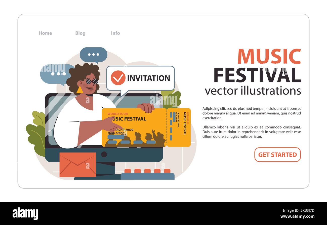 La fan entusiasta riceve un invito online al World Tour Music Festival, che mostra il suo biglietto d'oro tra le bolle della chat. L'era digitale incontra l'anticipazione degli eventi dal vivo. Illustrazione vettoriale piatta Illustrazione Vettoriale