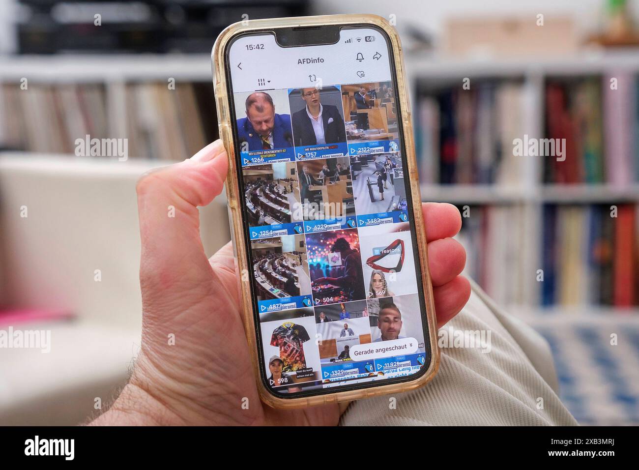 Hand hält ein Mobiltelefon auf dessen display auf der Plattform TikTok die verschiedenen Videos des AFD zu sehen sind **** la mano tiene un telefono cellulare sul cui display i vari video AFD possono essere visti sulla piattaforma TikTok Nordrhein-Westfalen Deutschland, Germania GMS16044 Foto Stock