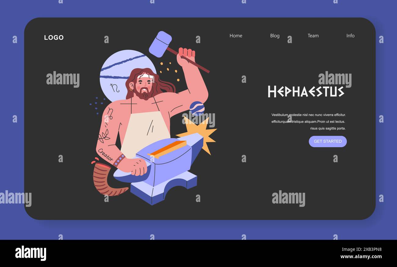 Concetto di divinità greca antica. Illustrazione vettoriale di Efesto nella sua incudine, che incarna mitologia e artigianato su un'interfaccia del sito Web. Illustrazione Vettoriale