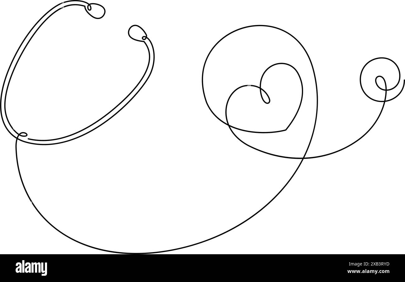 disegno a linea continua dello stetoscopio e illustrazione del concetto di minimalismo emozionale positivo a forma di cuore Illustrazione Vettoriale