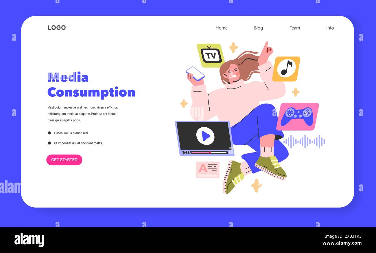 Concetto di consumo multimediale Una donna gode di una sinfonia multimediale, giocherellando senza problemi la TV, la musica e i giochi l'era digitale per il tempo libero in vibranti immagini vettoriali Illustrazione Vettoriale