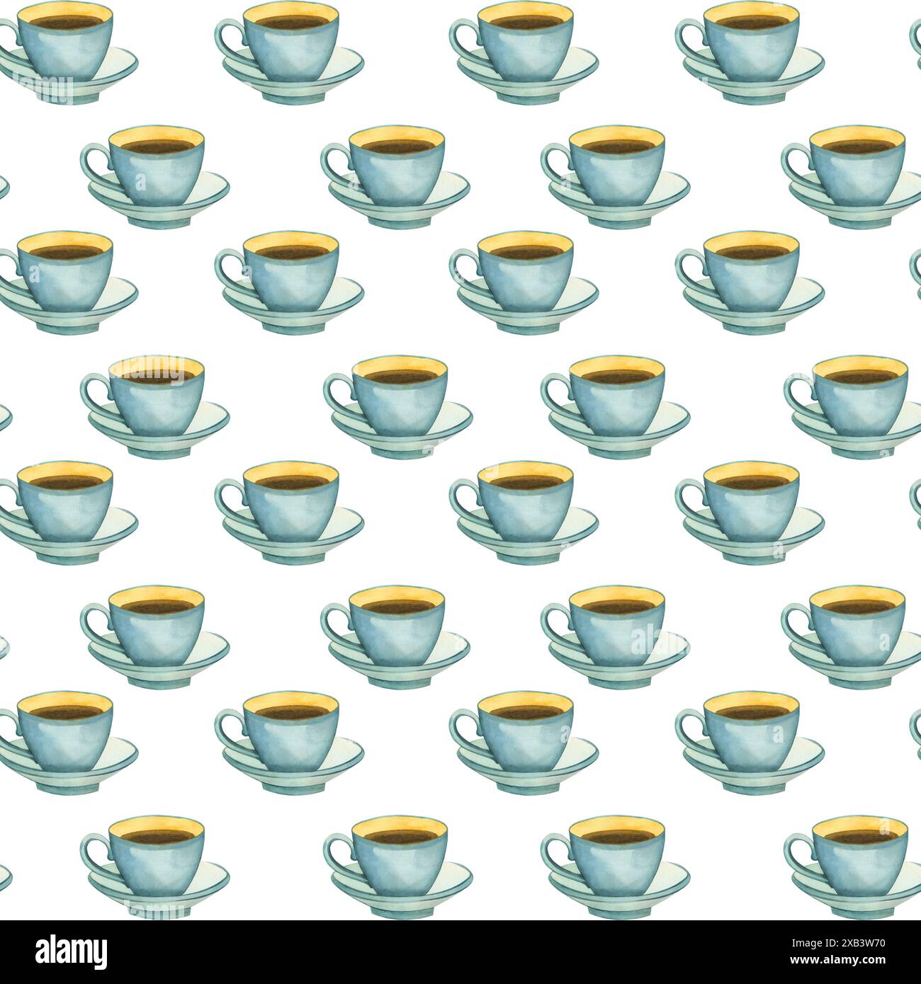 Motivo acquerello senza cuciture. Tazza di tè disegnata a mano in acquerello blu. Adatto per la stampa su tessuti, carta, tessuti da cucina, imballaggi di prodotti Foto Stock