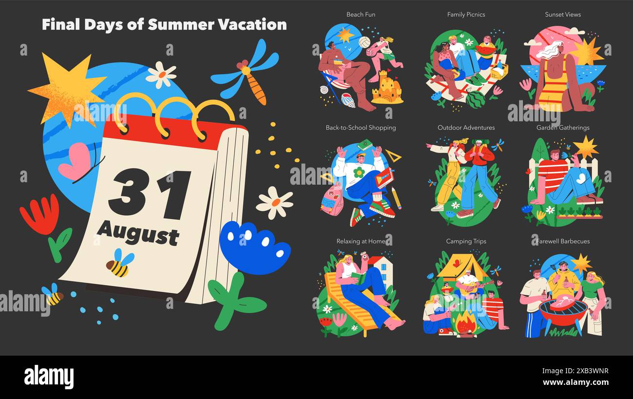 Set ultimi giorni di vacanza estiva. Illustrazione che cattura l'essenza del finale estivo con attività come gite in spiaggia, picnic e campeggio. Illustrazione vettoriale. Illustrazione Vettoriale