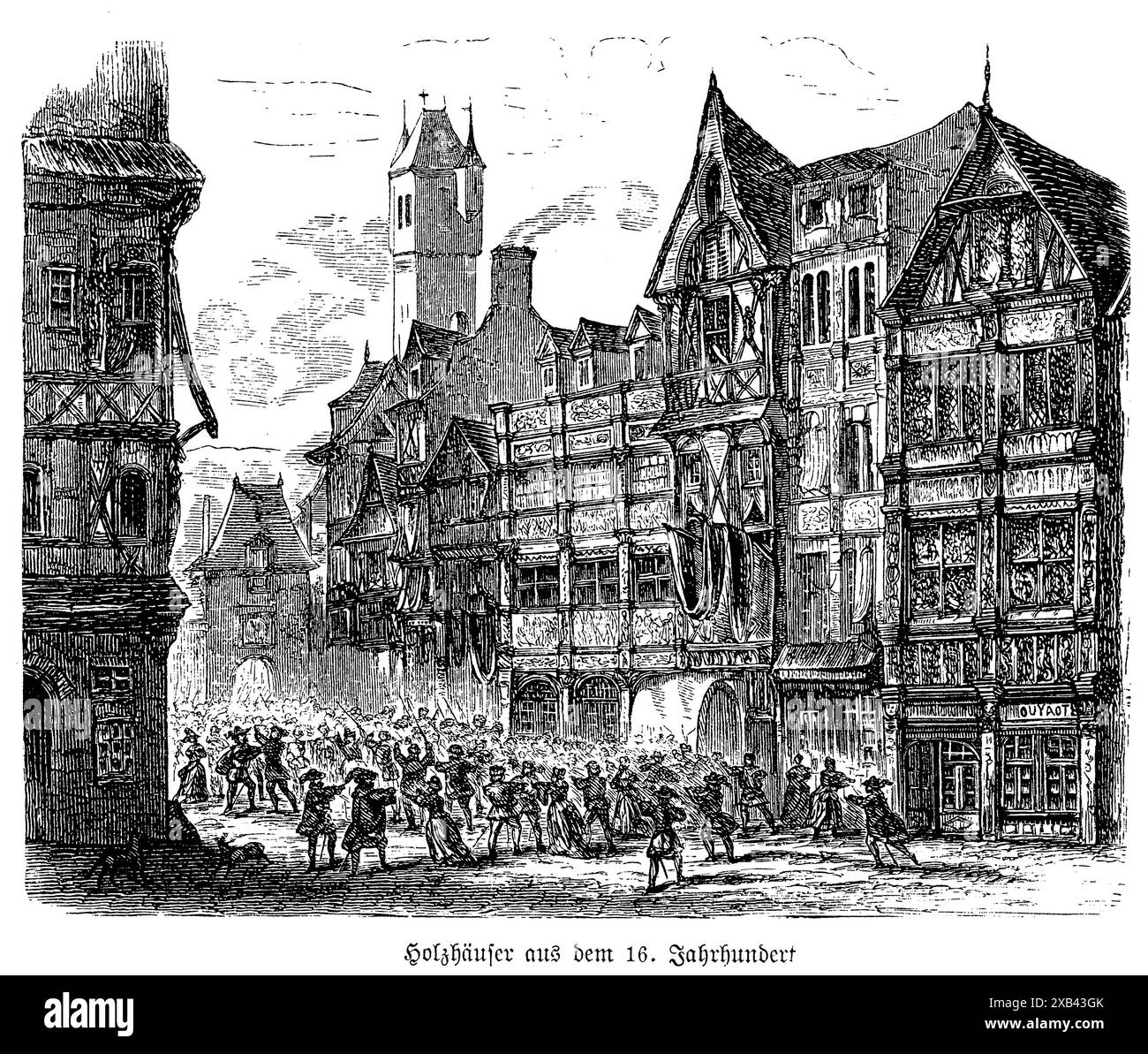 Le case in legno della Germania del XVI secolo sono esempi per antonomasia della prima architettura domestica europea moderna. Queste strutture in legno, spesso adornate con intricate incisioni e mezzo legno decorativo, riflettono l'artigianalità e la sensibilità estetica dell'epoca. Comunemente presenti nelle città e nei villaggi storici, queste case presentano tetti spioventi, piani superiori sospesi e finestre a reticolo. Costruiti utilizzando legno di provenienza locale e tecniche di costruzione tradizionali, hanno resistito nel corso dei secoli, simboleggiando il ricco patrimonio architettonico e storico della Germania Foto Stock