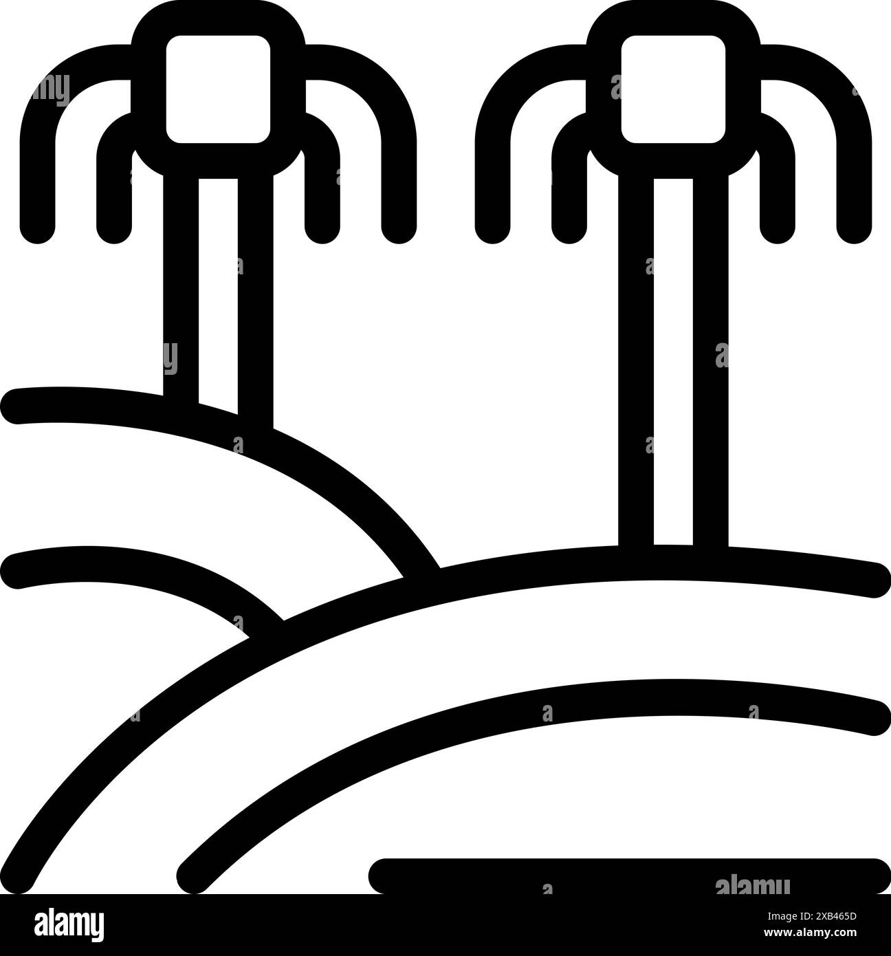 Linee minimaliste in bianco e nero di un sistema di irrigazione a perno centrale che innaffia un campo Illustrazione Vettoriale