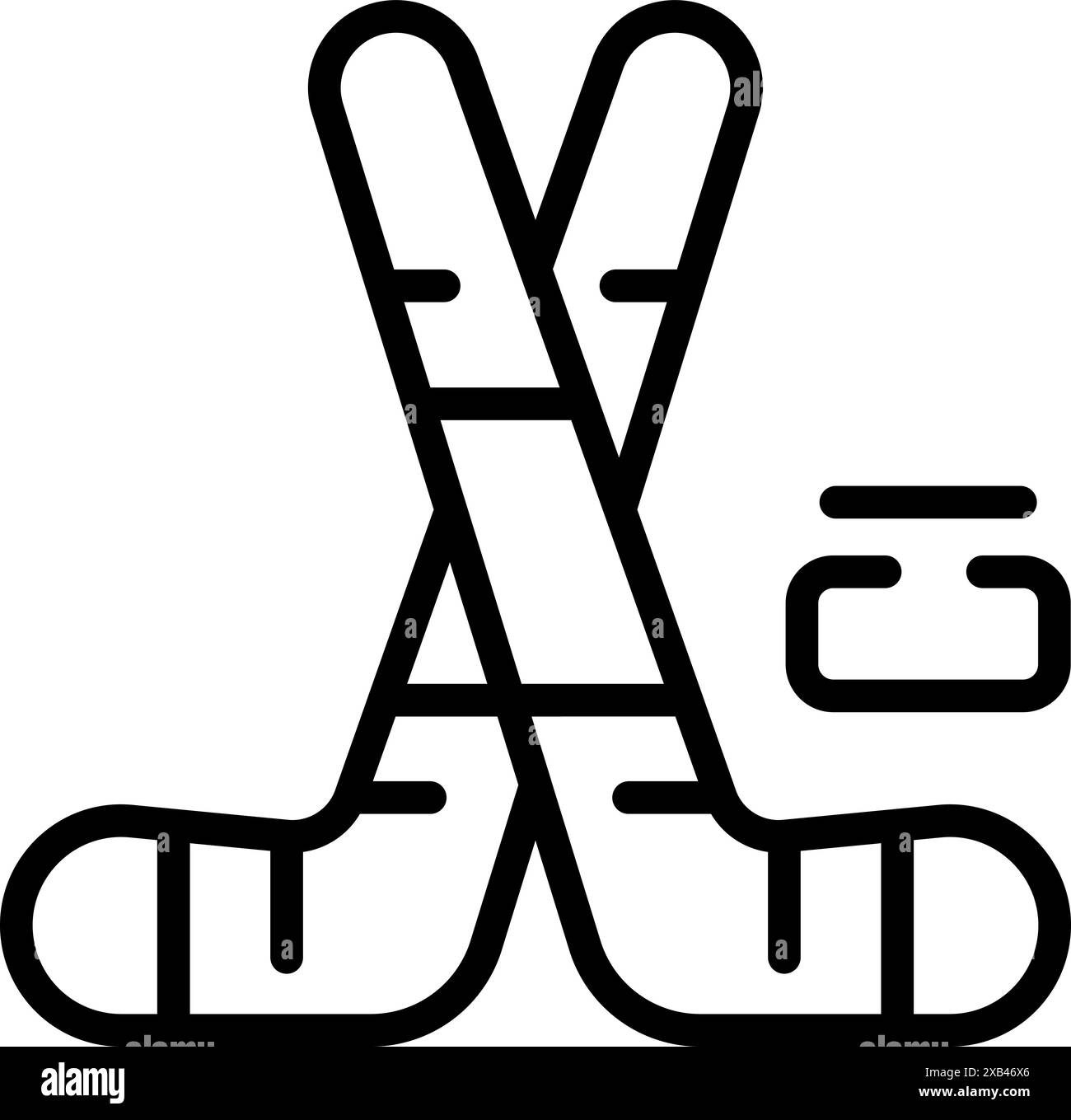 Semplice icona in bianco e nero di due bastoncini da hockey incrociati e un disco Illustrazione Vettoriale